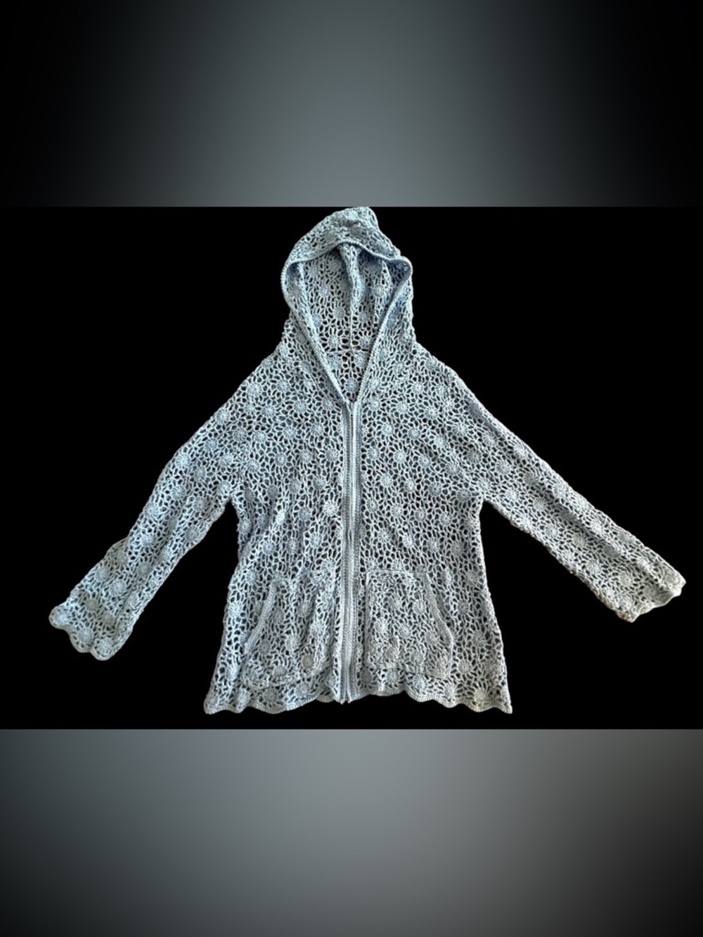 Crochet Hooded Zip Cardigan in Light blue